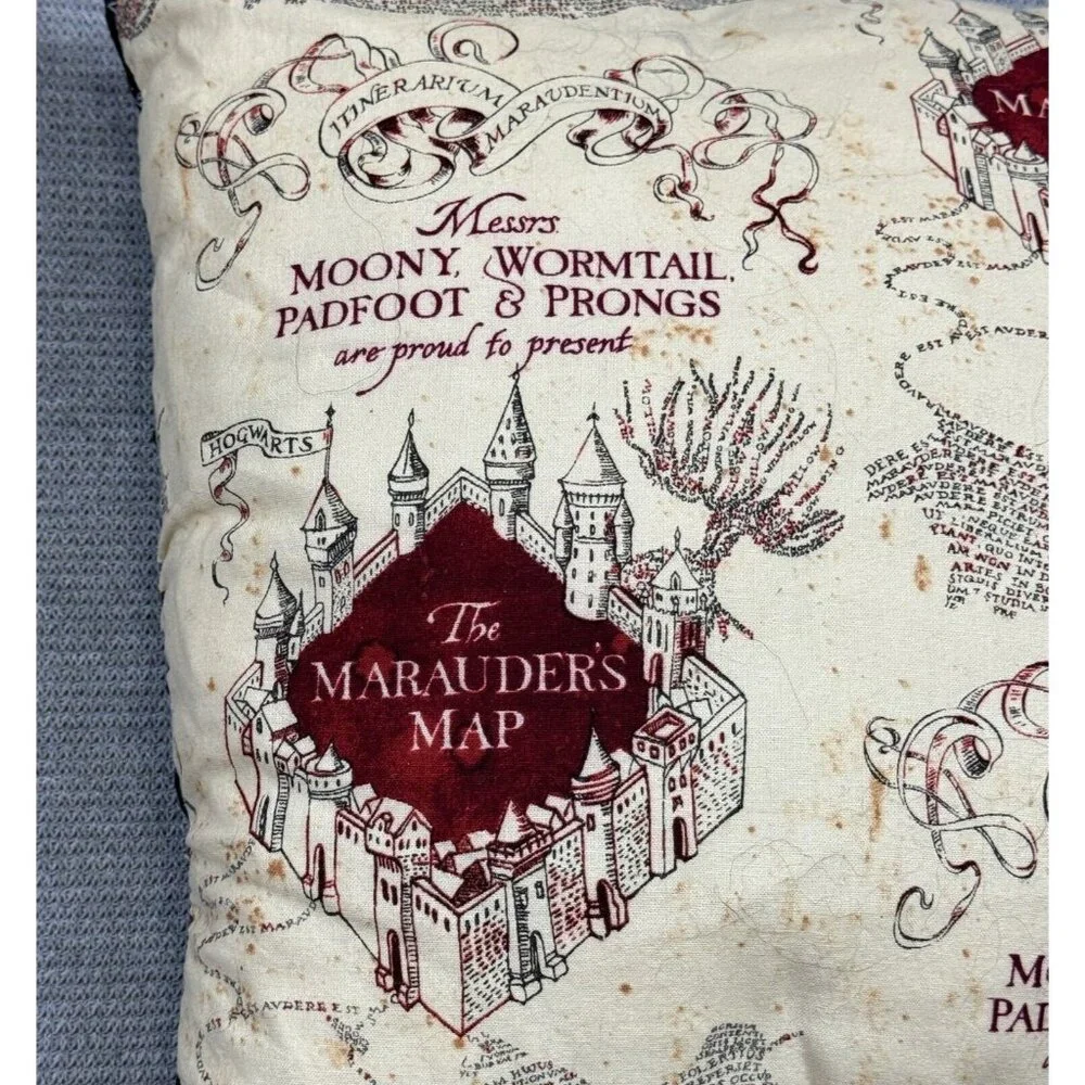 Harry Potter Throw Pillow 12"X12" The Marauders Map Beige Black Red Square - Picture 3 of 6